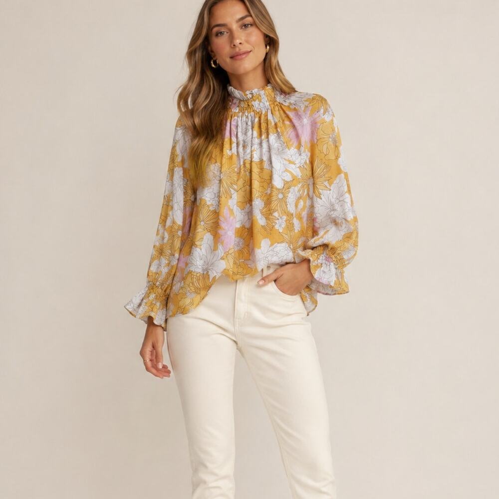 Ephemera Yellow Pink Floral Linen Ruffled Blouse Womens 6 Boho Peasant Natural